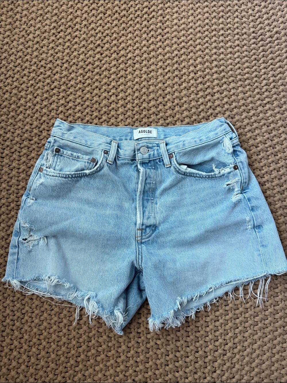 Agolde Parker Long Distressed Light Wash Denim Shorts Women’s Size 27